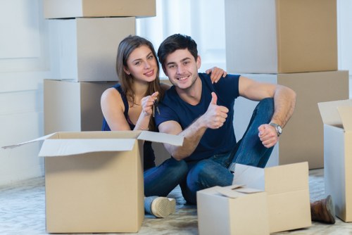 Organized moving boxes and furniture stored safely in South Kensington